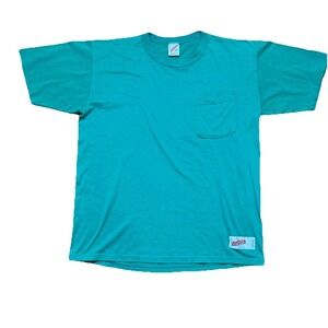 Jerzees Vintage Pocket Tee Blue/Green Teal T Shirt L Distress Blank Single